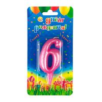 Свеча для торта 80х40 мм, диз. "Овал. Цифра 6", роз., 1 шт/упак 30 шт/кор РОССИЯ 1434