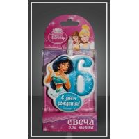 Свеча для торта h68 мм, диз. "Disney Принцесса. Цифра 6", разноцв., 1 шт/упак 20 шт/кор РОССИЯ 1170