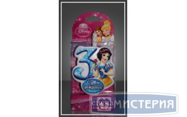 Свеча для торта h68 мм, диз. "Disney Принцесса. Цифра 3", разноцв., 1 шт/упак 20 шт/кор РОССИЯ 1167