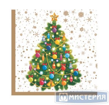 Салфетки 240х240 мм 3-сл., диз. "Новогодняя ель на белом", разноцв., бум., 25 шт/упак "Bouquet" 15 упак/кор РОССИЯ 57135