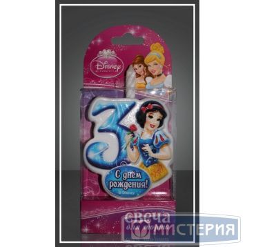 Свеча для торта h68 мм, диз. "Disney Принцесса. Цифра 3", разноцв., 1 шт/упак 20 шт/кор РОССИЯ 1167