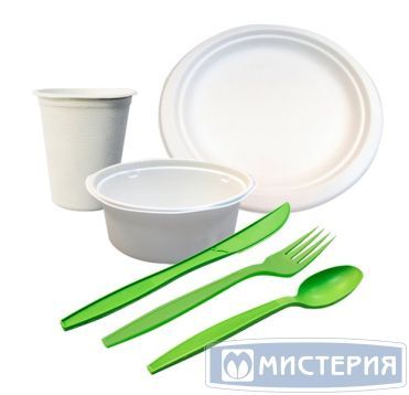 Набор одноразовой посуды "Эко" [50 стак. 260 мл, сах.тростник+50 тар. 350 мл, сах.тростник+50 тар.d225 мм, сах.тростник+50 ст.лож+50 вил.+50 нож.] 1 упак/кор РОССИЯ