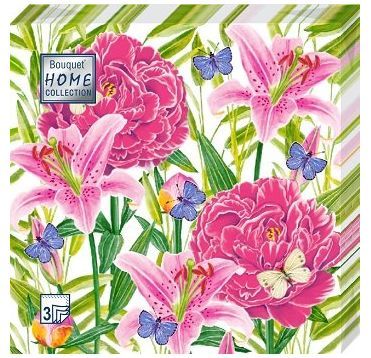 Салфетки 330х330 мм 3-сл., диз. "Пионы и лилии", разноцв., бум., 20 шт/упак "Bouquet" 12 упак/кор РОССИЯ 25005