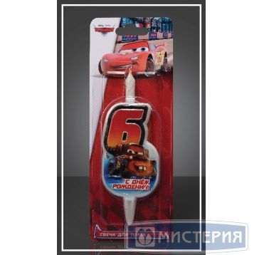 Свеча для торта h45 мм, диз. "Disney Тачки. Цифра 6", разноцв., 1 шт/упак 15 шт/кор РОССИЯ 1183