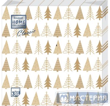 Салфетки 330х330 мм 3-сл., диз. "Золотые елочки", разноцв., бум., 20 шт/упак "Bouquet" 12 упак/кор РОССИЯ 57514