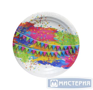 Тарелка одноразовая мелкая d230 мм, диз. "Краски праздника", карт. лам., 6 шт/упак "МИСТЕРИЯ" 432 шт/кор РОССИЯ