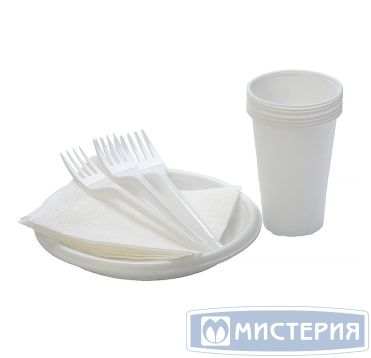 Набор одноразовой посуды "Шашлычок" [6 стак. 200 мл, ПП+ 6 тар. d167 мм, ПС+6 вил.+6 салф.] 15 упак/кор РОССИЯ 187430